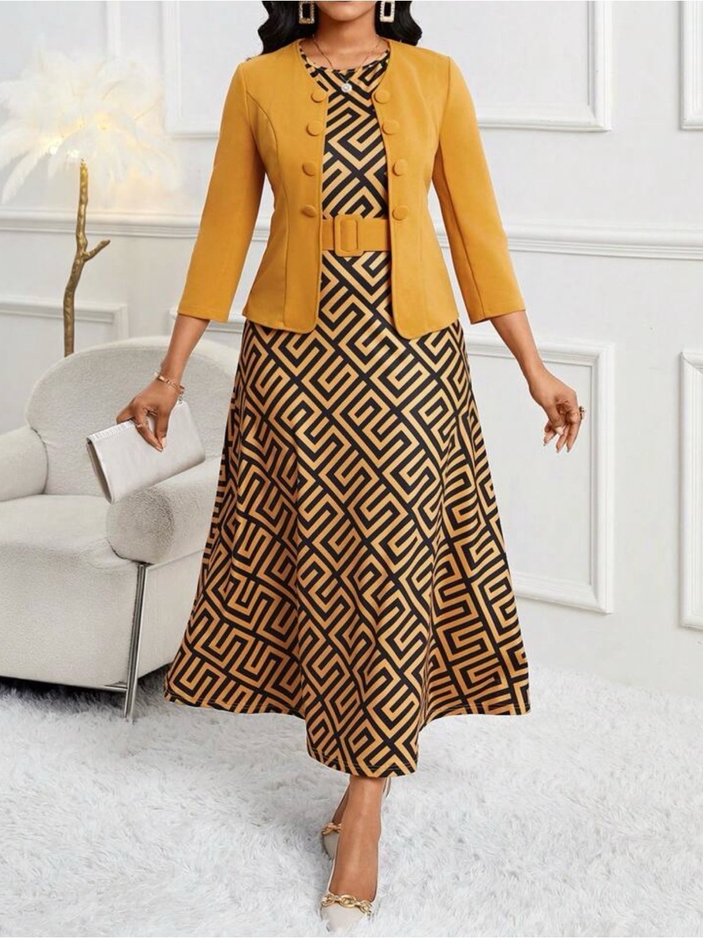 Women's Mustard Yellow Geometric Maxi Dress with Matching Jacket